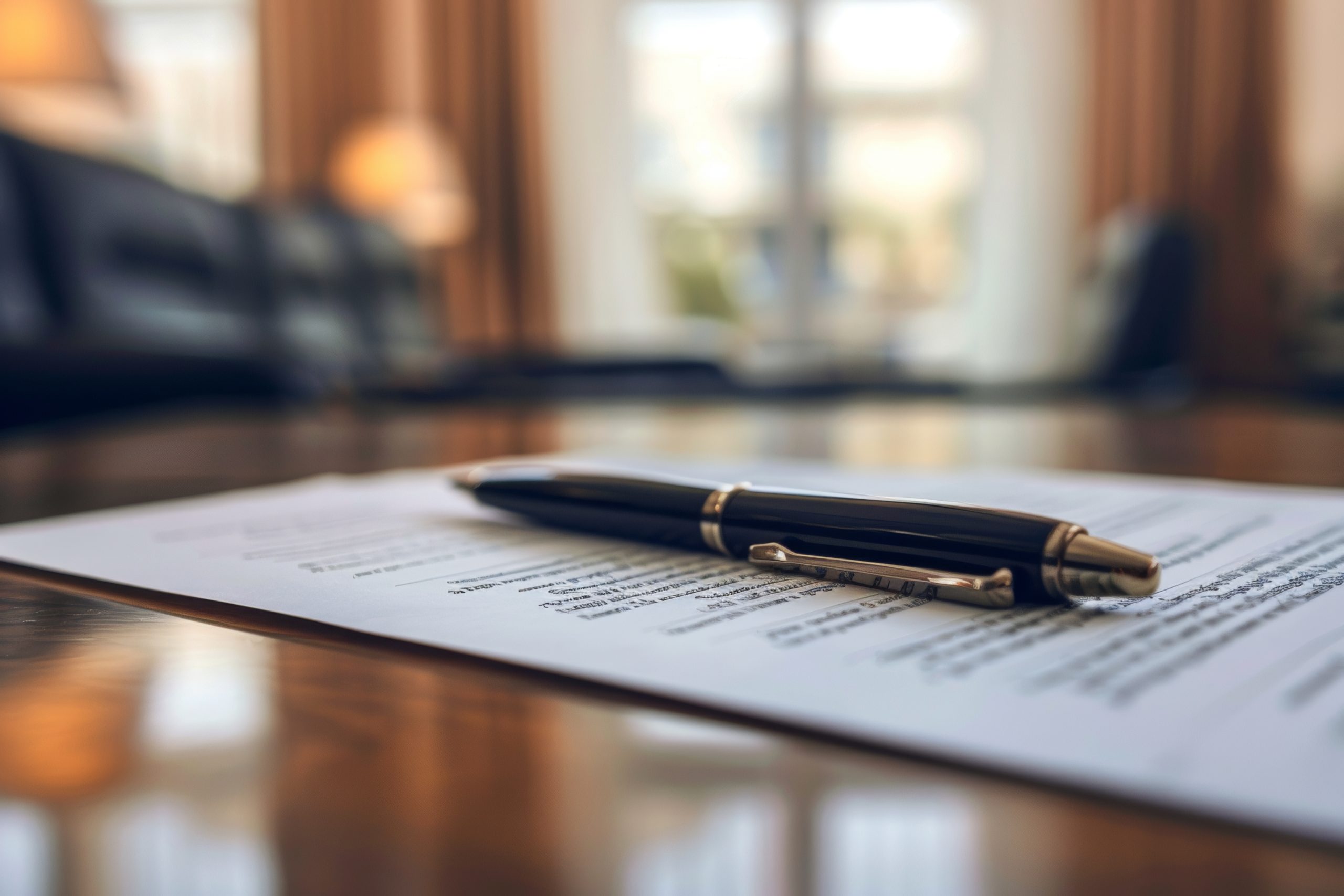 Focused shot of a pen resting on a lender's title insurance policy, with an elegant interior blurred in the background